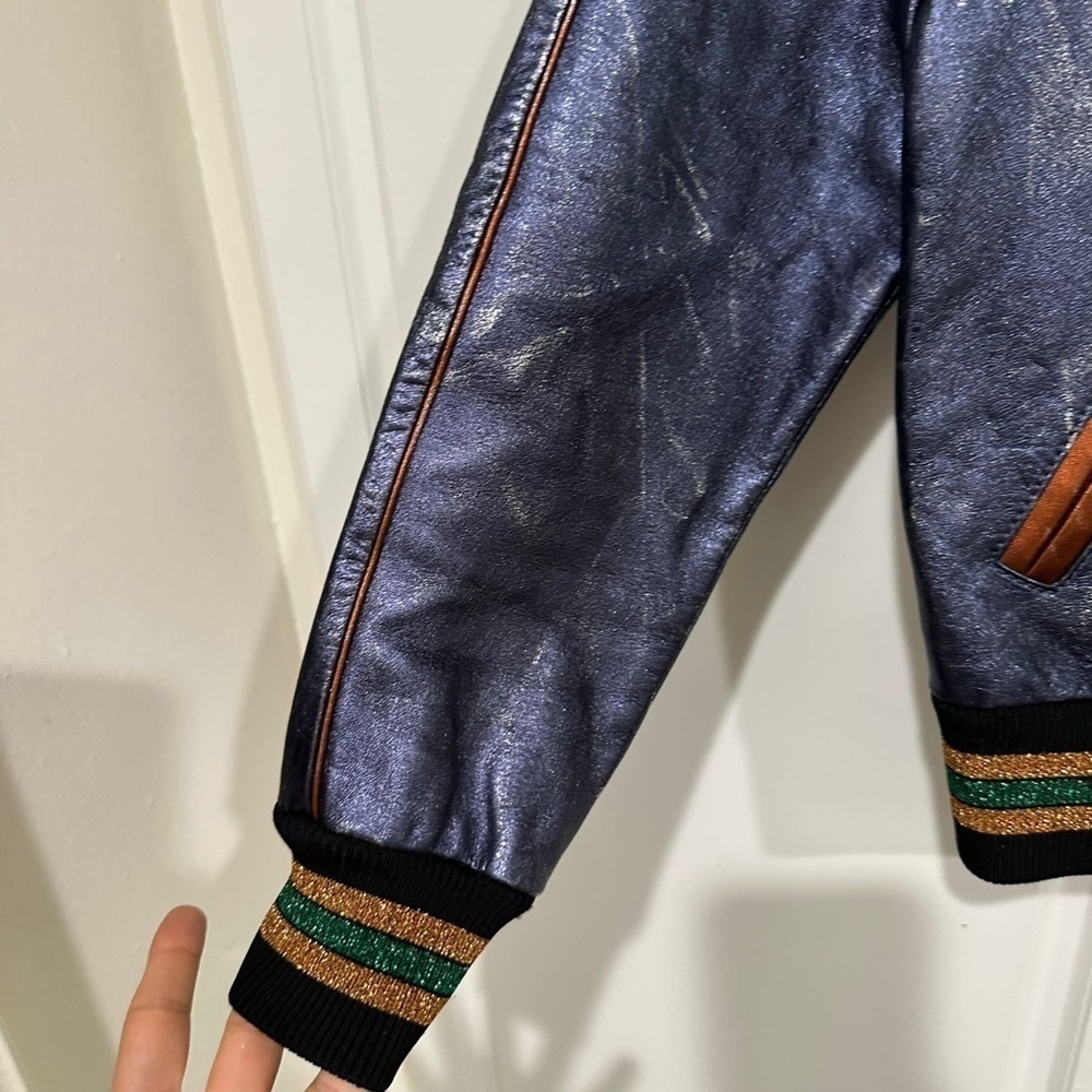 Coach Shrunken Leather Varsity Jacket In Metallic Cadet Blue I Size 2 - Picture 10 of 16